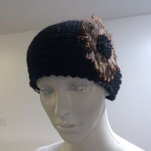 BRAND NEW Feather with Beaded Knit Black Headband Winter